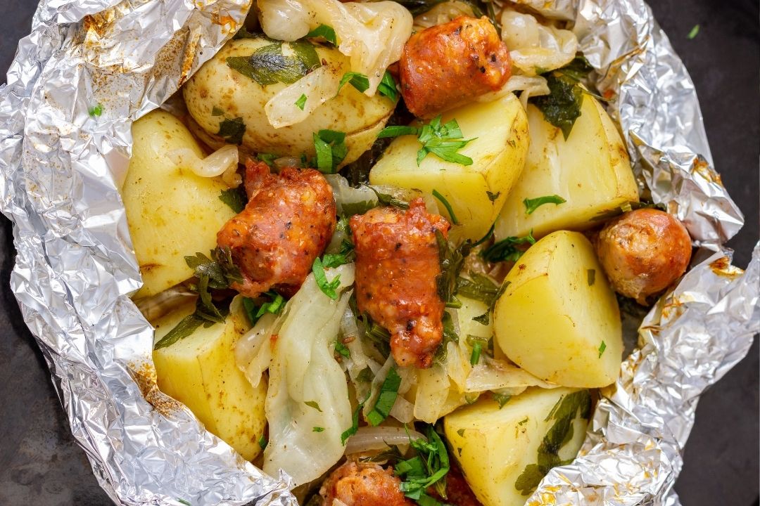 foil-wrapped dinner with potatoes and sausage