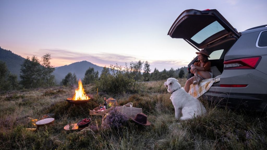 a woman sits in the back of her car with the hatch up next to her dog and a campfire