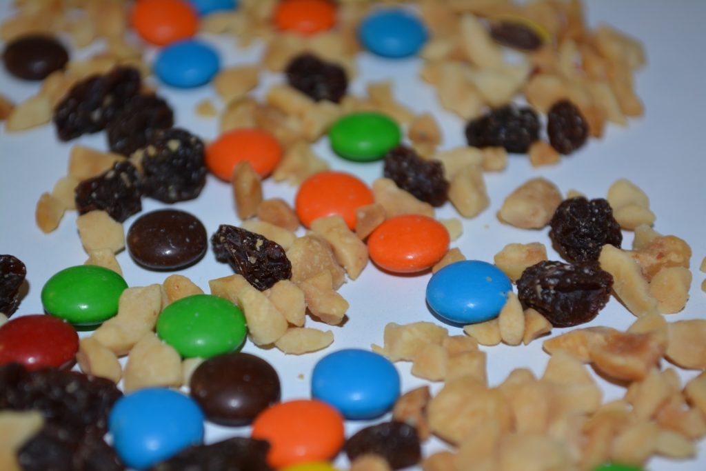 Trail mix spread on a tray
