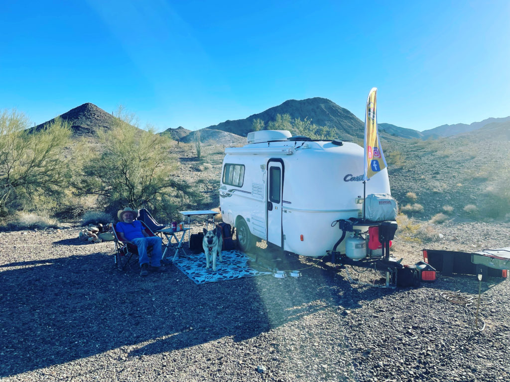 Casita camping set up in the desert