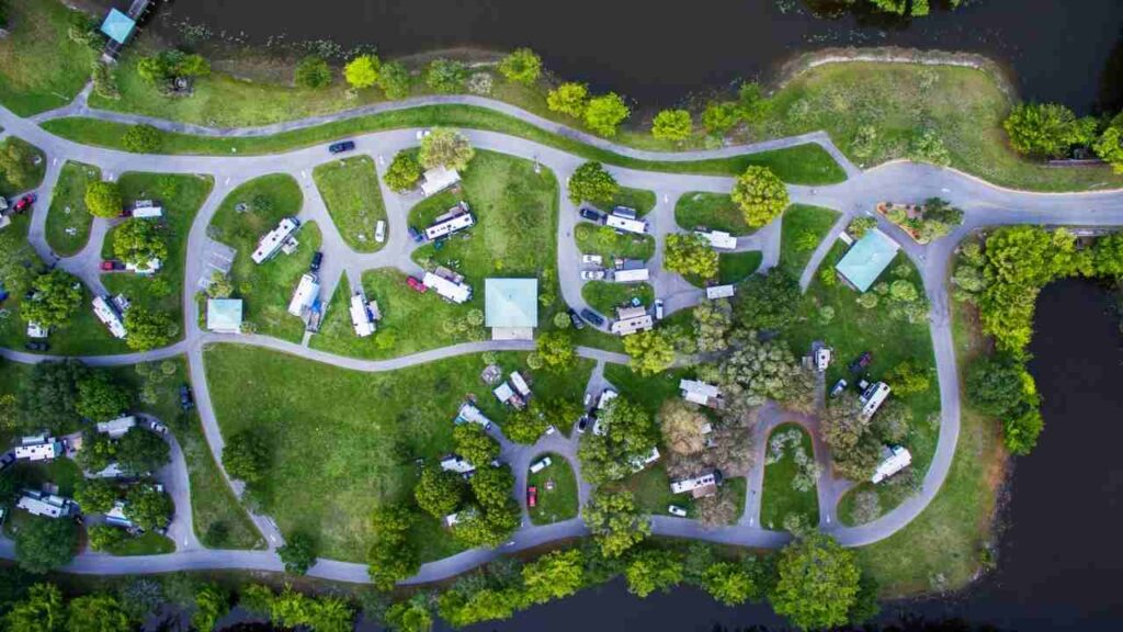 overhead view of an RV park