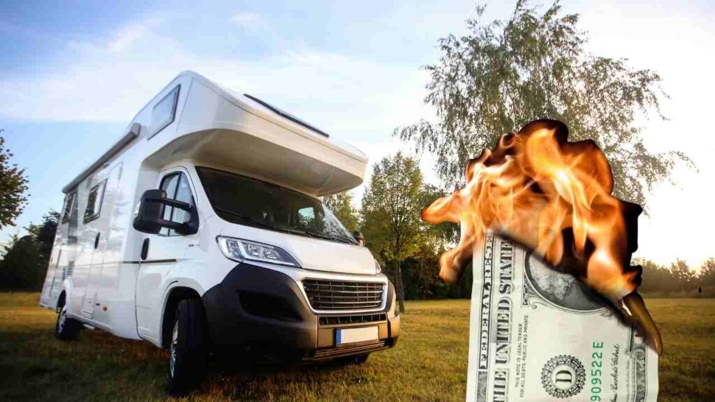 A dollar bill burns in front of an RV